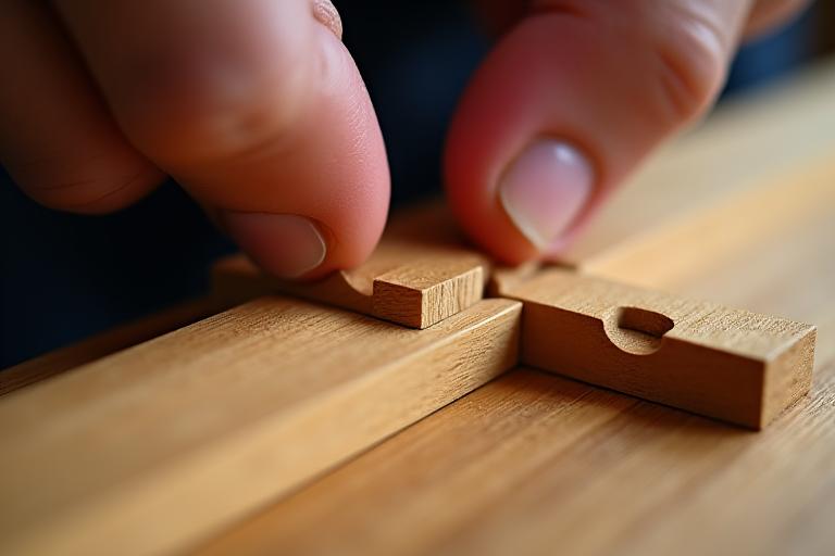 職人が伝統的な木組み技術で木の部品を接合しているクローズアップ