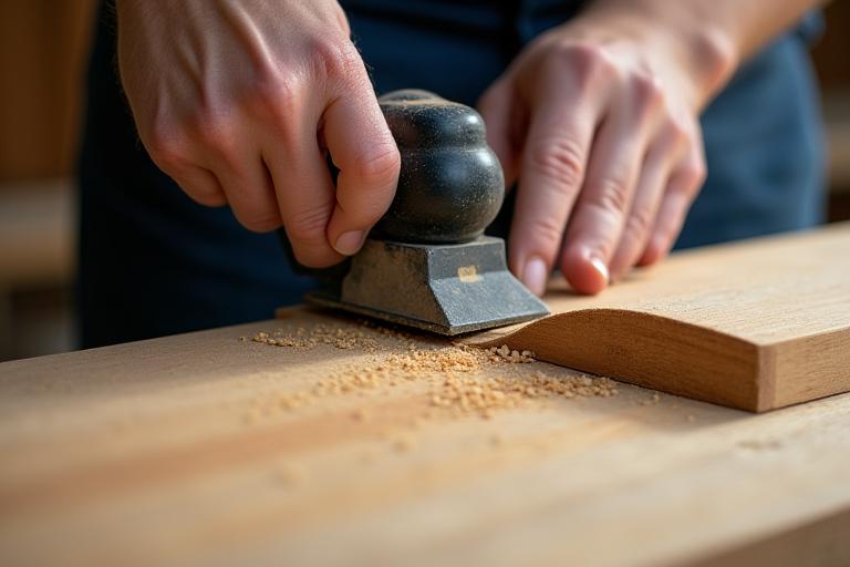 職人が電動工具を使って木材を精密に削り、形を整えている様子